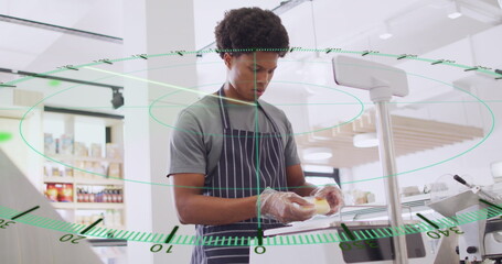 Poster - Image of numbers and data processing over biracial man serving food in shop