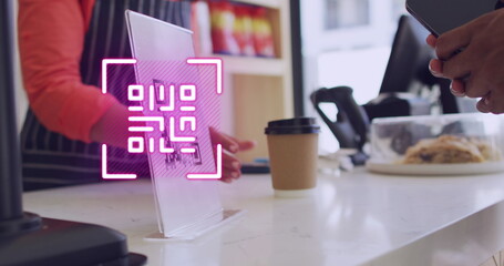 Poster - Image of qr code scanning over man paying with smartphone in shop