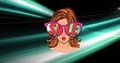 Image of woman wearing sunglasses with sale text over green light trails on black background