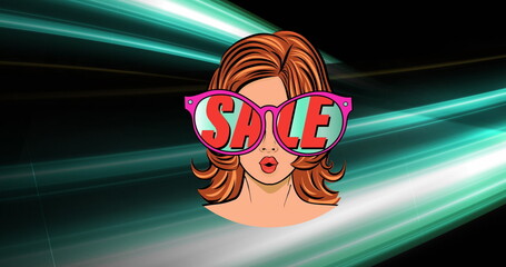 Wall Mural - Image of woman wearing sunglasses with sale text over green light trails on black background