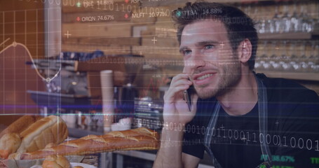 Poster - Image of stock market data processing over caucasian male waiter talking on smartphone at cafe