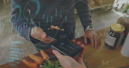 Poster - Image of data processing over mid section of man using smartphone to make payment at a cafe
