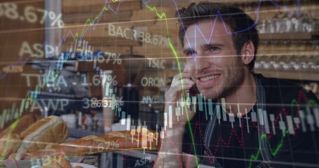 Poster - Image of stock market data processing over caucasian male waiter talking on smartphone at cafe