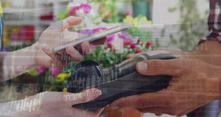 Poster - Image of data processing over close up of a hand using smartphone to make payment at flower shop