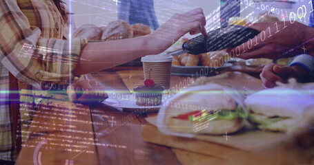 Poster - Image of data processing over mid section of woman using credit card to make payment at a cafe