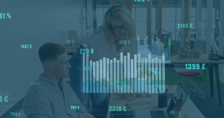 Poster - Image of financial data processing over diverse business people working at office