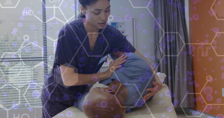 Poster - Image of scientific data processing over biracial female doctor with patient