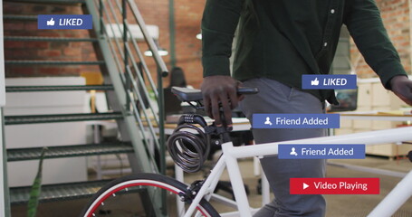 Poster - Image of social media icons and numbers over african american man walking with bike