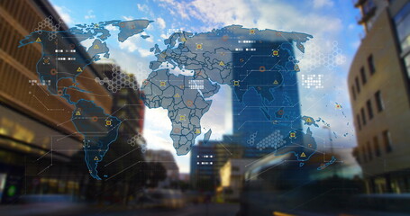Poster - Image of circuit board pattern on map, low angle view of buildings and time-lapse of vehicles