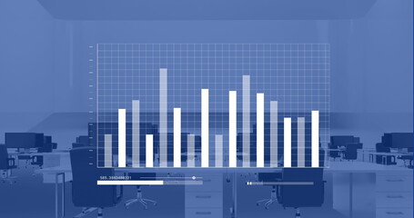 Wall Mural - Blue and white graph processing data over computers on desks in empty office