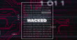 Image of hacked text with binary codes and circuit board pattern over black background