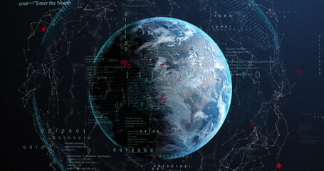 Poster - Image of connected dots and binary codes with programming language around rotating globe