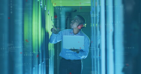 Poster - Image of computer language, binary codes, african american male engineer checking server racks