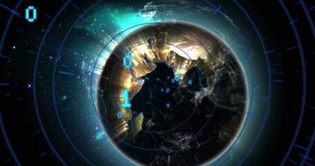 Poster - Image of illuminated binary codes with circles and connected dots over rotating globe
