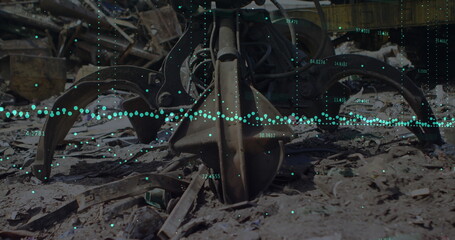 Poster - Image of multiple graphs with changing numbers, close up of claw of crane in junkyard