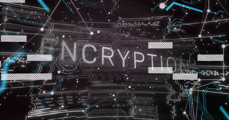 Poster - Image of encryption text with connected dots over graphs, changing numbers and loading circles