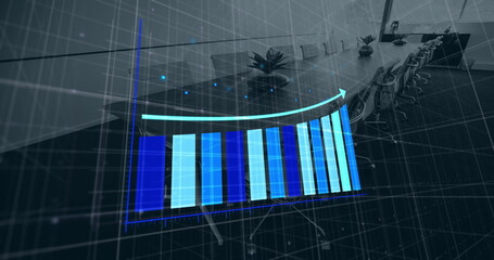 Poster - Image of bar graph representing growth over empty chairs and table arranged in conference room