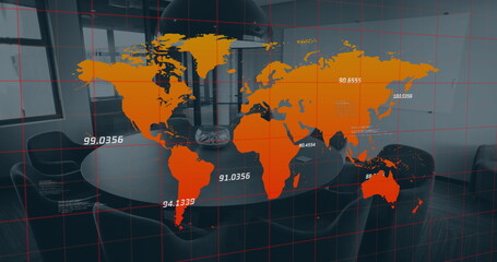 Poster - Image of map and numbers over empty chairs and table arranged in conference room