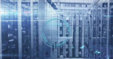 Poster - Image of fingerprint, icons and data security text in circle, data server systems in server room