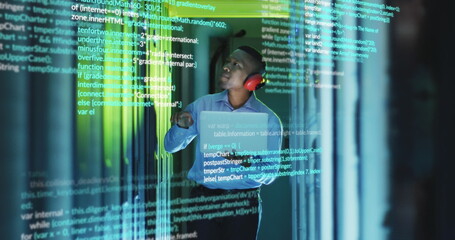 Poster - Image of data processing over african american male engineer using laptop working at server room