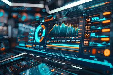Poster - A computer screen displaying a multitude of real-time data in a futuristic dashboard. Generative AI