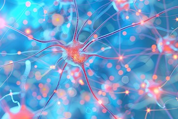 Poster - Detailed close up of a digital brain in blue and pink, showcasing intricate neurons and synapses. Generative AI