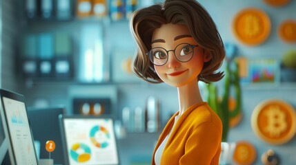 Wall Mural - A woman in glasses is smiling at the camera in front of a computer monitor