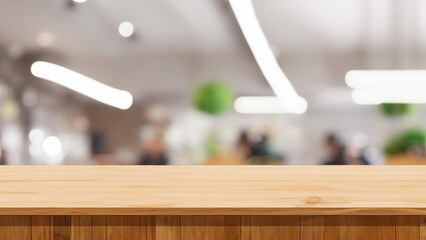 Wall Mural - Wood table background, Shelf at cafe shop, Perspective wood over blur cafe with bokeh. Generative Ai