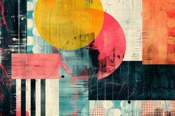 Poster - A colorful abstract painting with a yellow circle in the middle. Risograph effect, trendy riso style