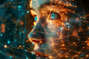 Poster - A womans face is depicted with intricate lines and dots surrounding it, creating a unique and abstract visual effect. Generative AI