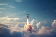 A rocket takes off from the clouds, its photorealistic renderings, cross-processing/processed, precisionism influence, humanistic approach apparent.