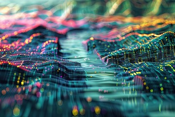 Poster - A visualization of streaming data flows resembling a wave in a digital environment. Generative AI