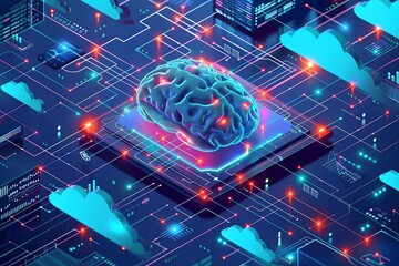 Poster - A brain is placed on top of a computer circuit board, showcasing the integration of technology and intelligence. Generative AI