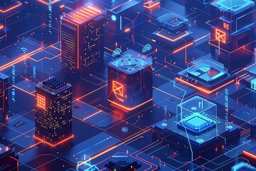 Poster - A futuristic cityscape illuminated by neon lights with tall buildings showcasing advanced cyber security measures. Generative AI