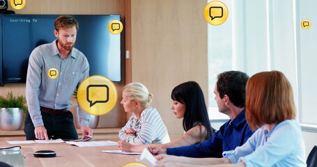 Poster - Image of social media data processing over diverse business people in office
