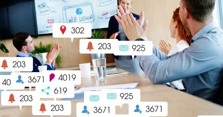 Poster - Image of social media data processing over diverse business people in office