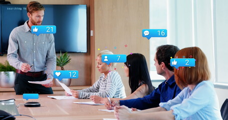 Poster - Image of social media data processing over diverse business people in office