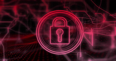 Poster - Image of padlock in circles and navigation pattern over black background