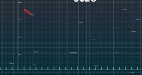 Poster - Image of changing numbers over red graph and grid pattern against black background