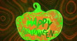 Image of happy halloween over neon pumpkin on brown background