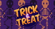 Image of trick or treat over purple background with moving skeletons