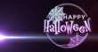 Image of happy halloween and spiders web over light and purple background