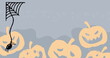 Image of halloween spider and jack o lanterns over grey background