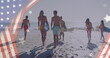 Image of american flag over diverse group of friends walking with surfboards at beach