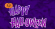 Image of jack o lanterns moving over happy halloween and bats on purple background