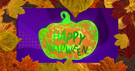 Canvas Print - Image of leaf frame over happy halloween and jack o lantern in background