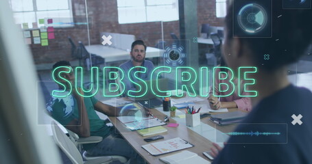 Poster - Image of subscribe and social media text and icons over diverse business people