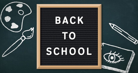 Poster - Image of school icons over back to school text on letterboard