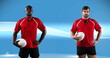Image of diverse rugby players over blue background
