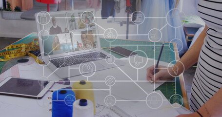 Canvas Print - Image of network of connection over businesswoman using laptop